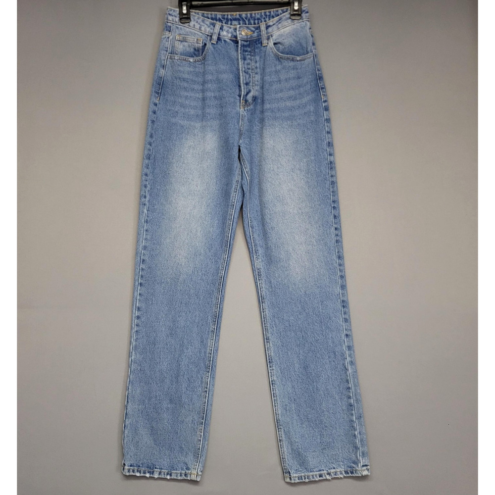 Shein Jeans Womens 28 High Rise‎ Straight Leg Button Fly Distressed Hem Denim
